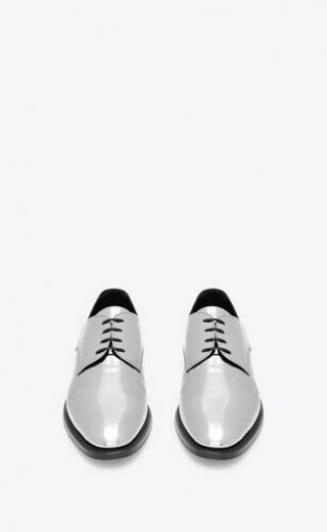 YSL Adrien Derbies In Laminated Metallic Leather Silver Black | Philippines_YSL32353