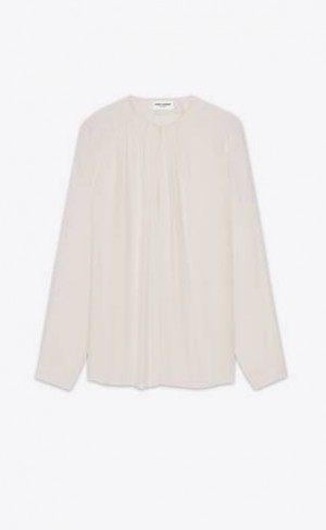 YSL Blouse In Matte And Shiny Cassandre Striped Silk White | Philippines_YSL72145