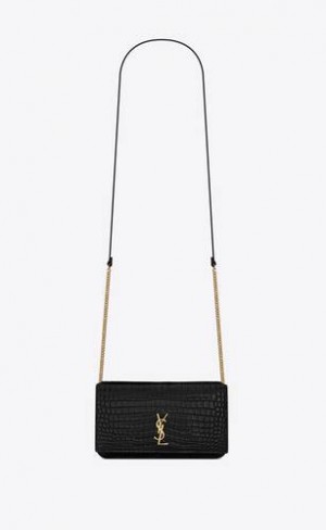 YSL Cassandre Phone Holder With Strap In Shiny Crocodile-embossed Leather Black | Philippines_YSL42022