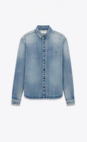 YSL Cassandre Shirt In Beach Blue Denim Blue | Philippines_YSL13107