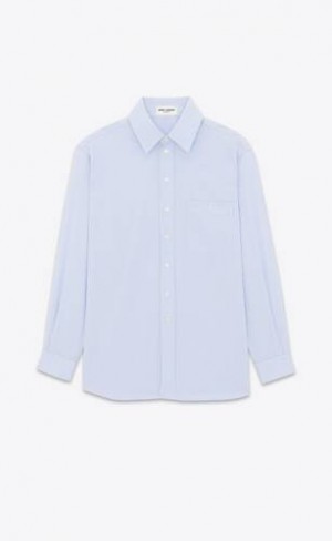 YSL Cassandre Shirt In Striped Cotton Poplin Blue | Philippines_YSL94536