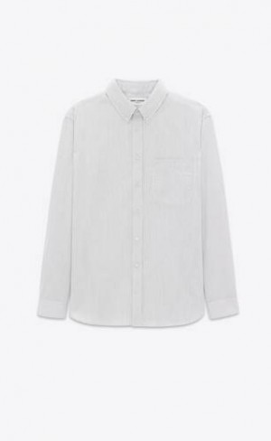 YSL Cassandre Striped Cotton Poplin White | Philippines_YSL35313