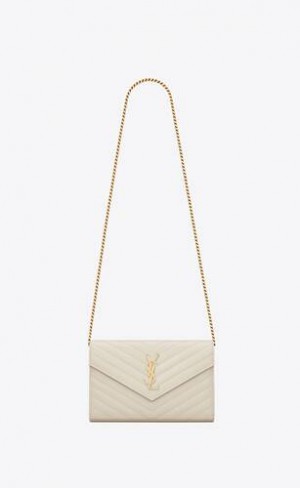 YSL Classic Cassandre Chain Wallet In Grain De Poudre Leather White | Philippines_YSL60063