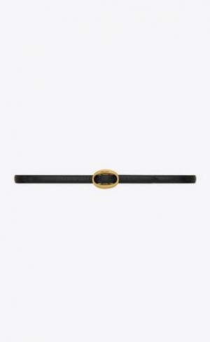 YSL Oval Buckle Belt Thin Crocodile-embossed Leather Black | Philippines_YSL94496