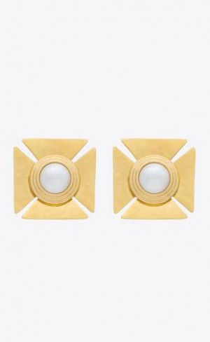 YSL Pearly Square Earrings In Metal Brown Gold | Philippines_YSL93464