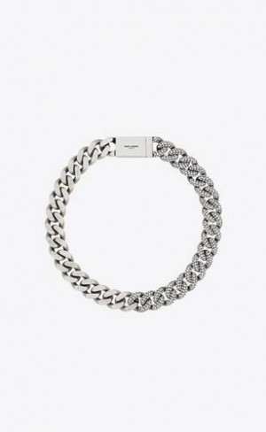 YSL Rhinestone Thick Curb Chain Necklace In Metal Silver | Philippines_YSL63607