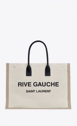 YSL Rive Gauche Large Tote Bag In Printed Canvas And Leather White | Philippines_YSL91059