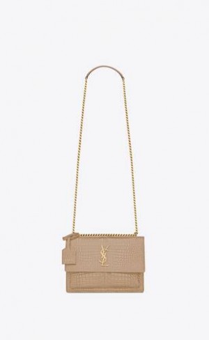 YSL Sunset Medium In Crocodile-embossed Leather Dark Beige | Philippines_YSL61521