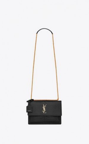 YSL Sunset Medium In Crocodile-embossed Leather Black | Philippines_YSL10383