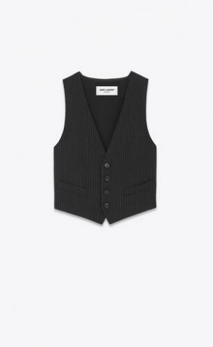 YSL Vest In Striped Wool Flannel Black | Philippines_YSL34742