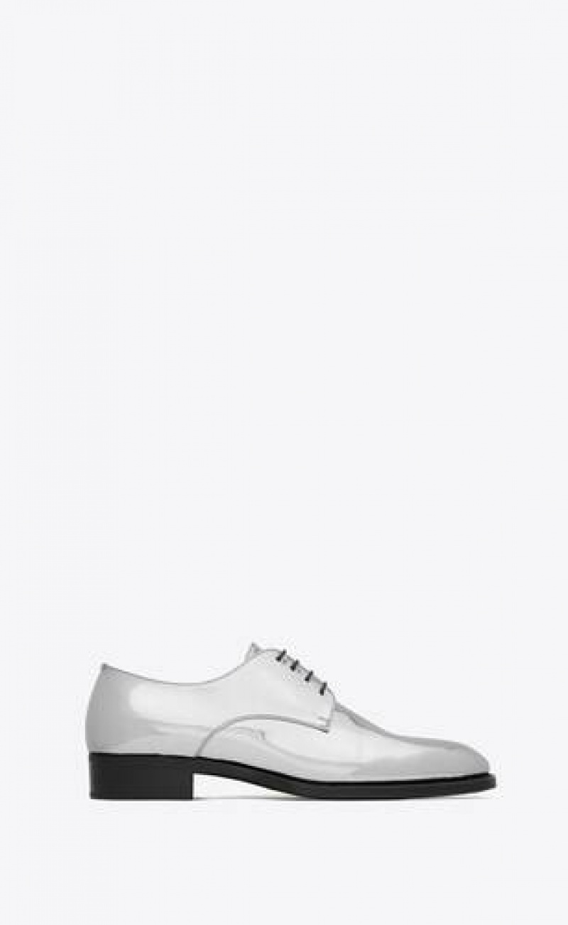 YSL Adrien Derbies In Laminated Metallic Leather Silver Black | Philippines_YSL32353