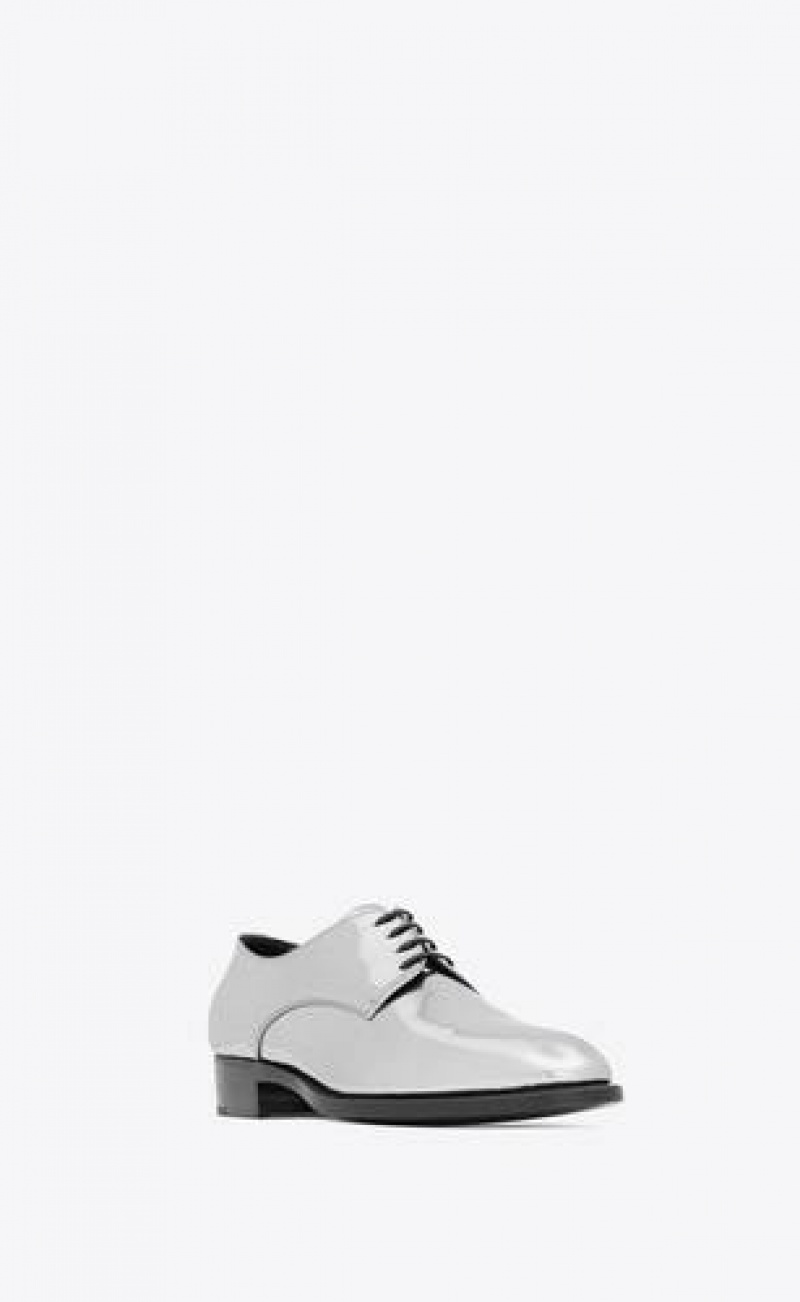 YSL Adrien Derbies In Laminated Metallic Leather Silver Black | Philippines_YSL32353