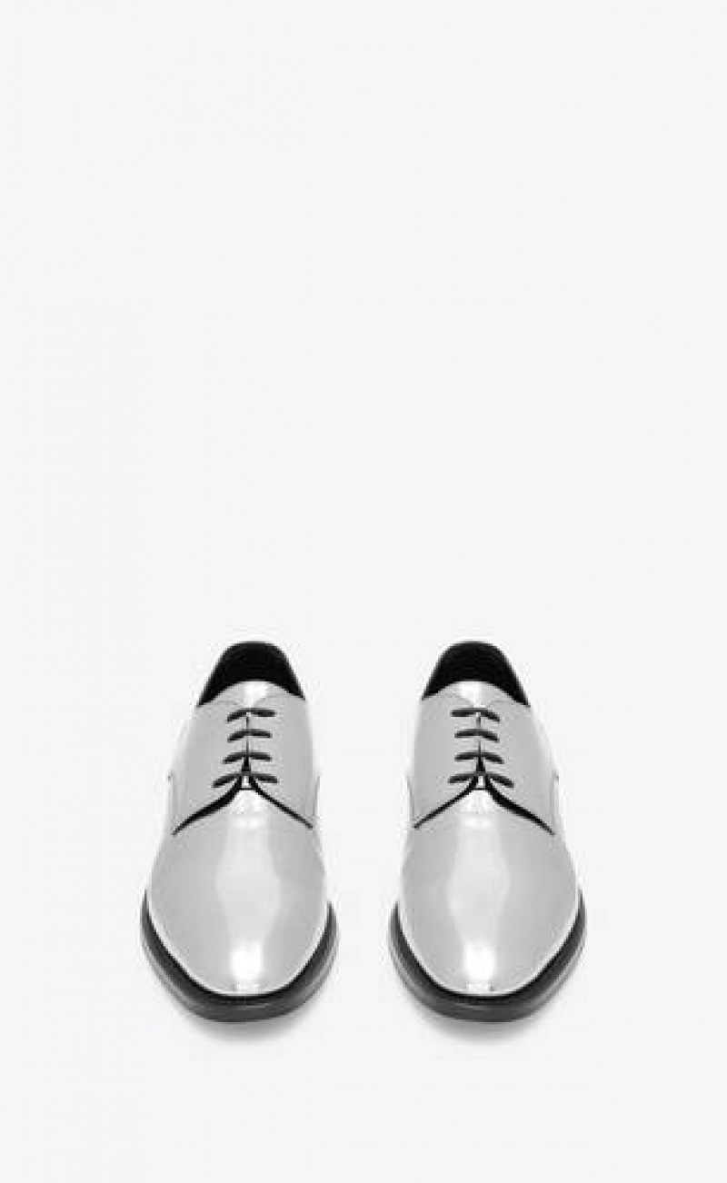 YSL Adrien Derbies In Laminated Metallic Leather Silver Black | Philippines_YSL32353