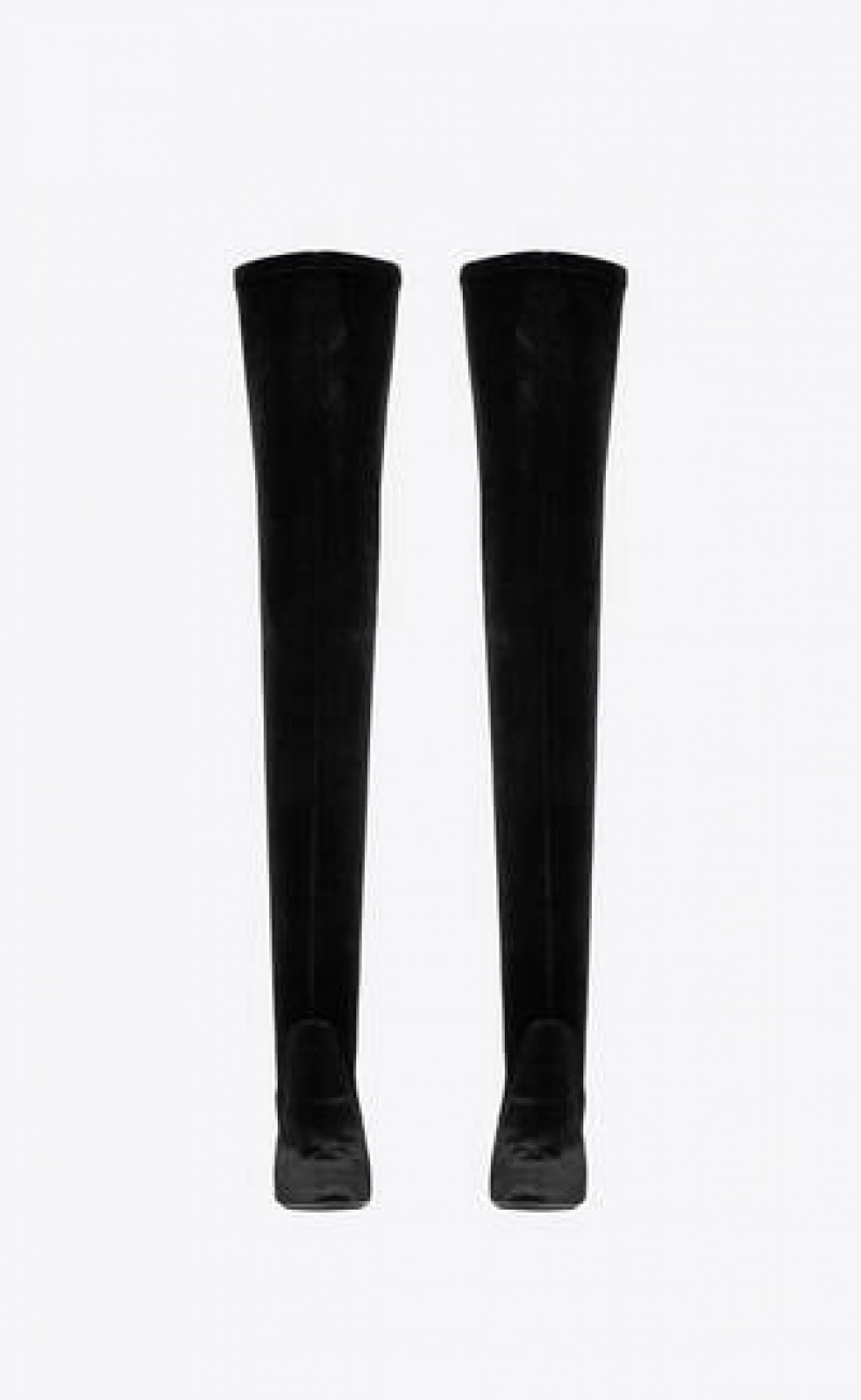 YSL Auteuil Over-the-knee Boots In Stretch Velvet Black | Philippines_YSL37584