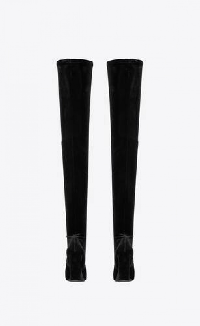 YSL Auteuil Over-the-knee Boots In Stretch Velvet Black | Philippines_YSL37584