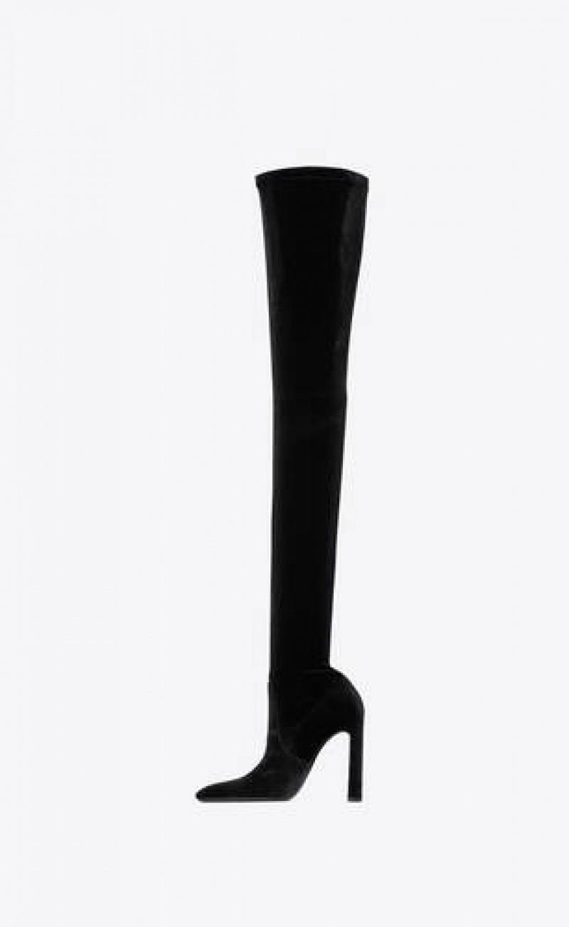 YSL Auteuil Over-the-knee Boots In Stretch Velvet Black | Philippines_YSL37584