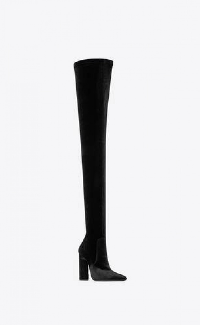 YSL Auteuil Over-the-knee Boots In Stretch Velvet Black | Philippines_YSL37584