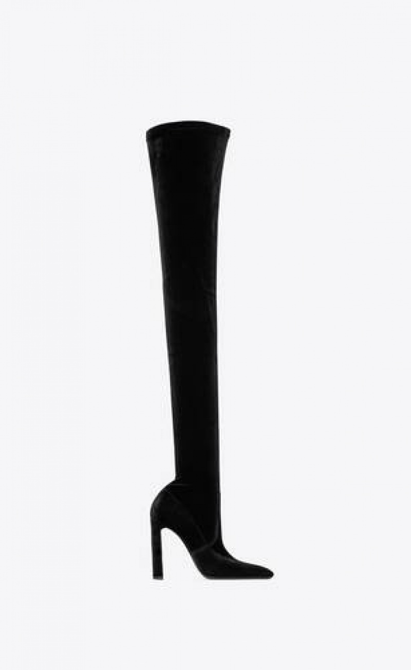 YSL Auteuil Over-the-knee Boots In Stretch Velvet Black | Philippines_YSL37584