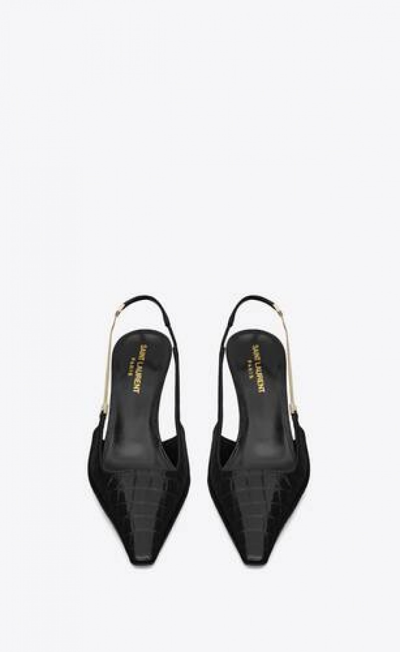 YSL Blake Slingback Pumps In Crocodile-embossed Leather Black | Philippines_YSL73894