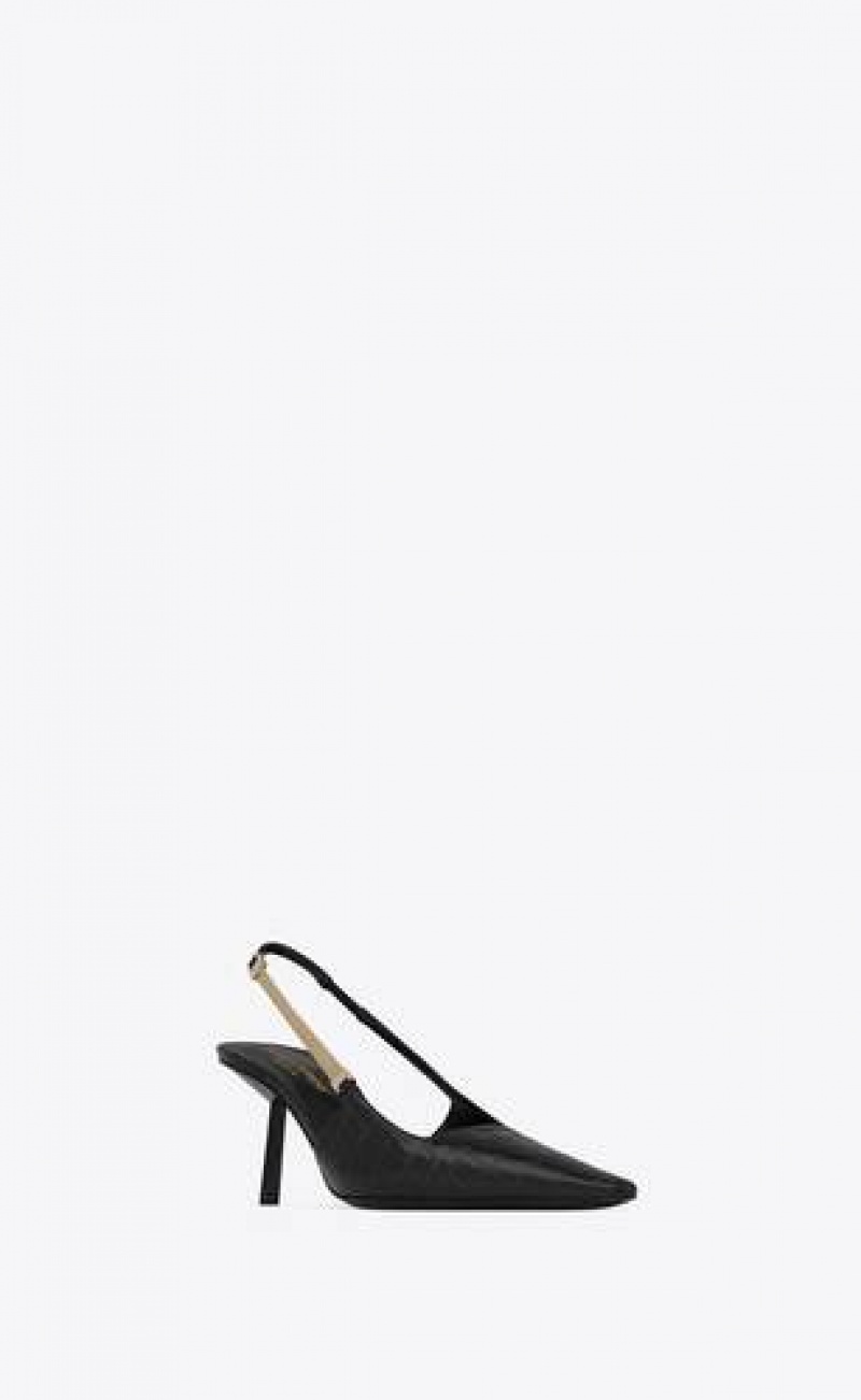 YSL Blake Slingback Pumps In Crocodile-embossed Leather Black | Philippines_YSL73894