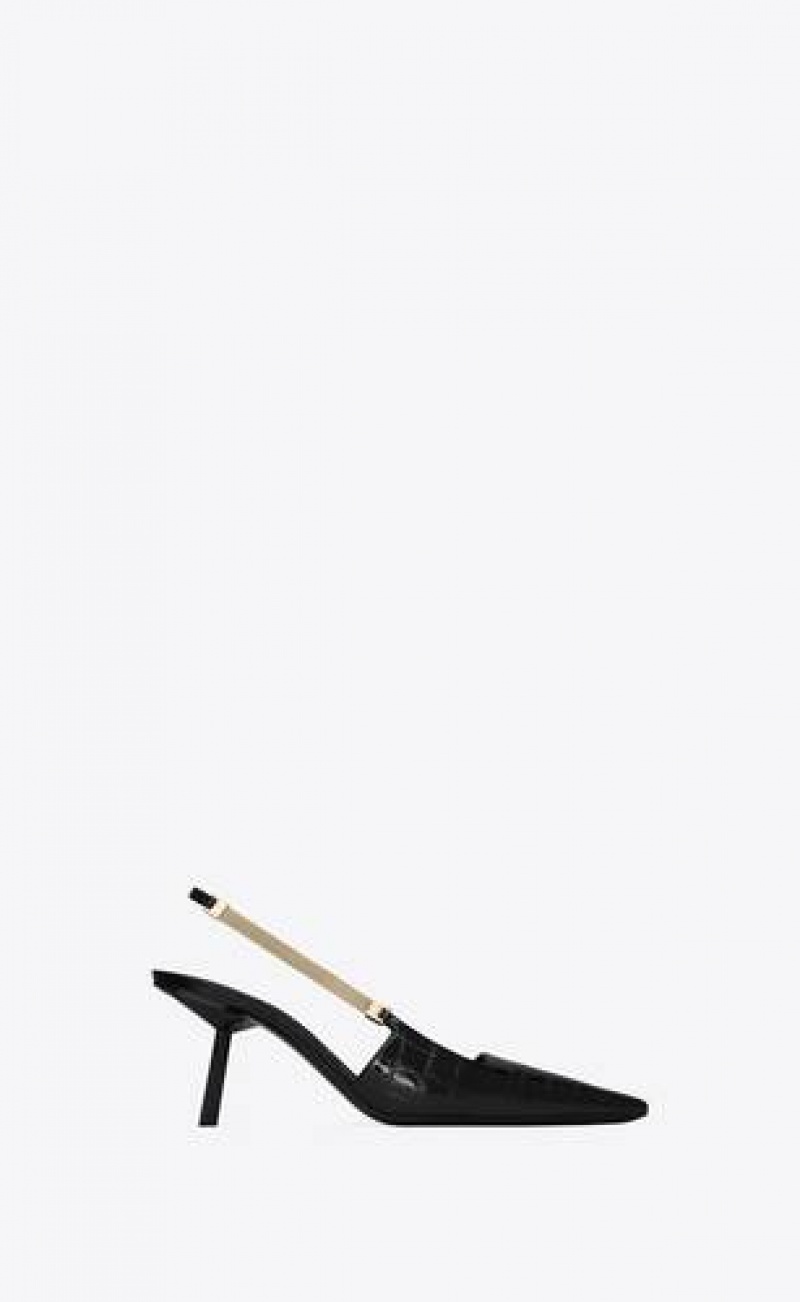 YSL Blake Slingback Pumps In Crocodile-embossed Leather Black | Philippines_YSL73894