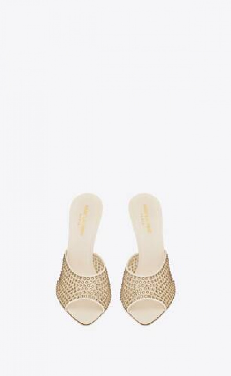 YSL Blonde Mules In Rhinestones Mesh Beige | Philippines_YSL95078