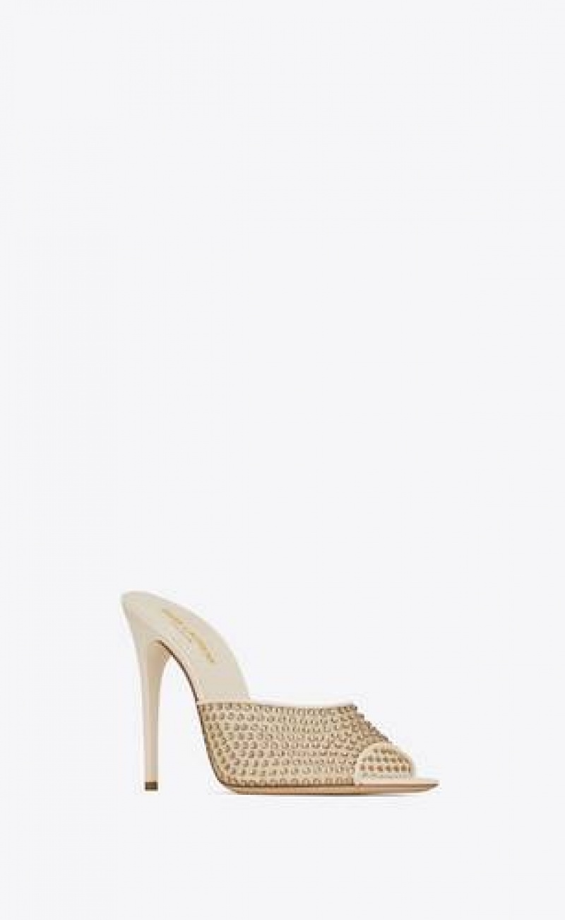 YSL Blonde Mules In Rhinestones Mesh Beige | Philippines_YSL95078