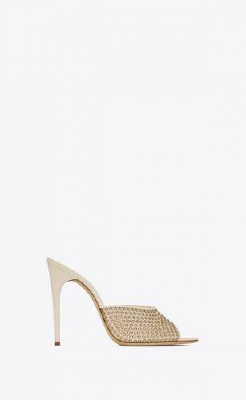 YSL Blonde Mules In Rhinestones Mesh Beige | Philippines_YSL95078