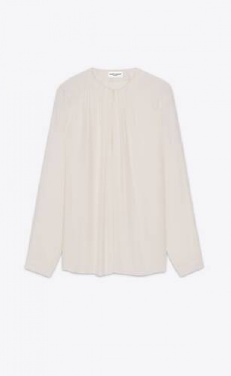 YSL Blouse In Matte And Shiny Cassandre Striped Silk White | Philippines_YSL72145