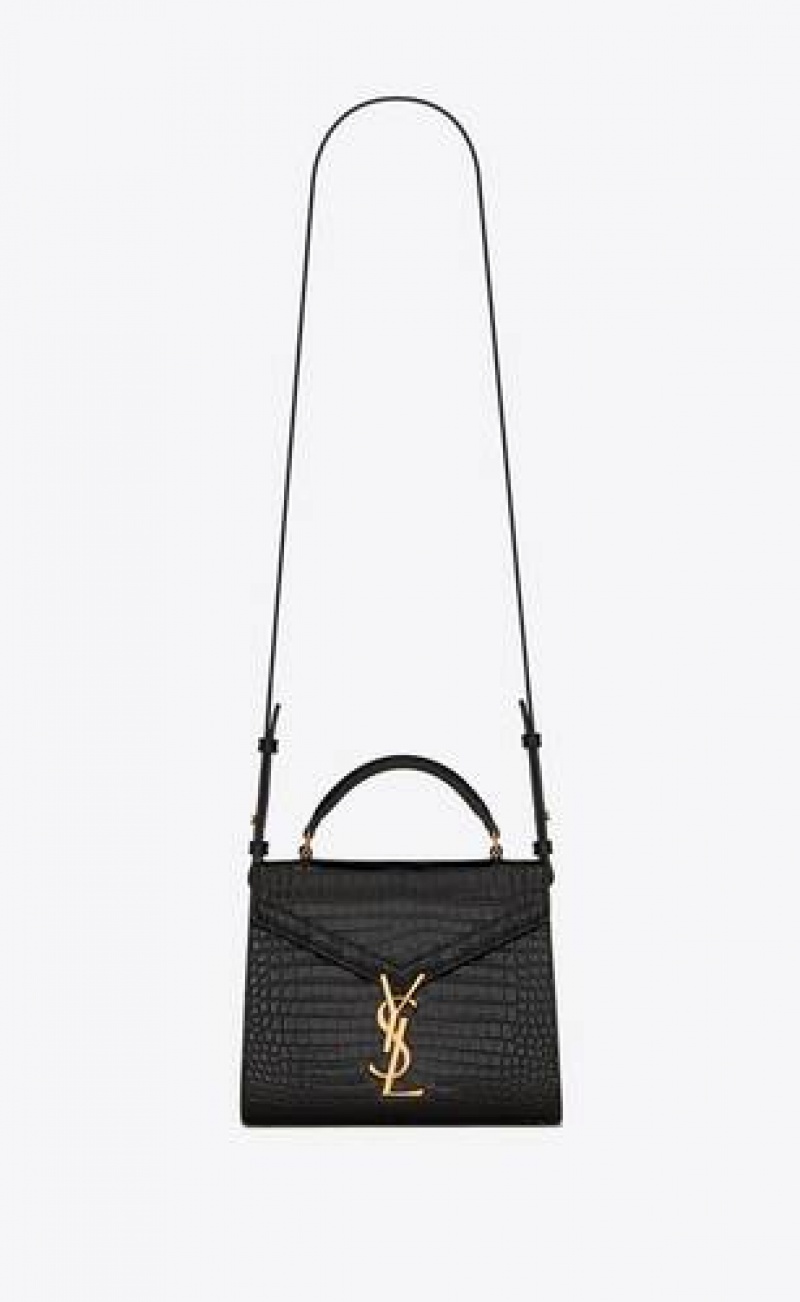 YSL Cassandra Mini Top Handle Bag In Crocodile-embossed Shiny Leather Black | Philippines_YSL98944