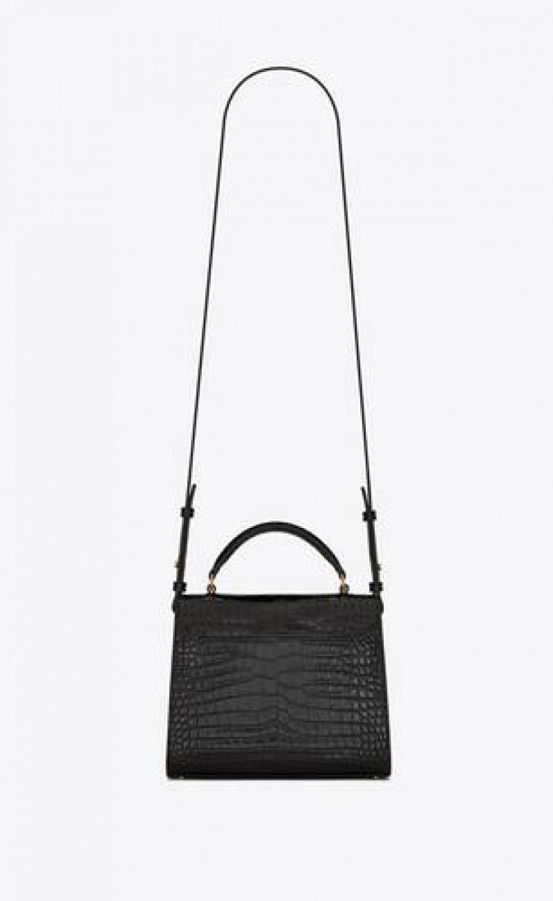 YSL Cassandra Mini Top Handle Bag In Crocodile-embossed Shiny Leather Black | Philippines_YSL98944