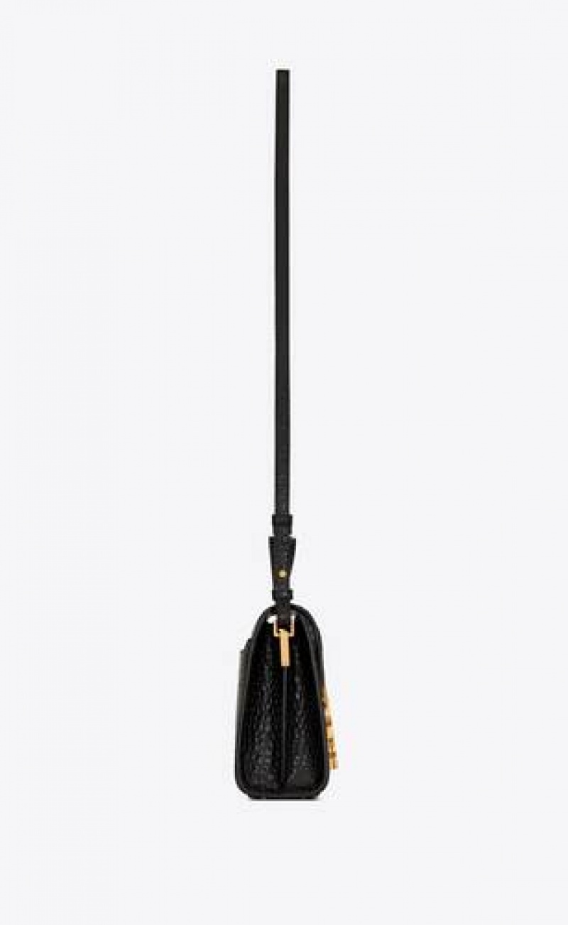 YSL Cassandra Mini Top Handle Bag In Crocodile-embossed Shiny Leather Black | Philippines_YSL98944