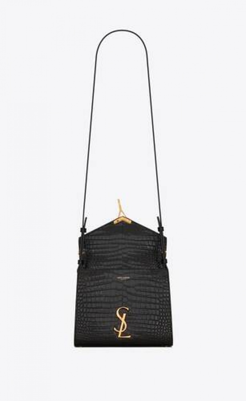 YSL Cassandra Mini Top Handle Bag In Crocodile-embossed Shiny Leather Black | Philippines_YSL98944