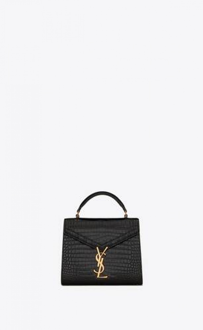 YSL Cassandra Mini Top Handle Bag In Crocodile-embossed Shiny Leather Black | Philippines_YSL98944