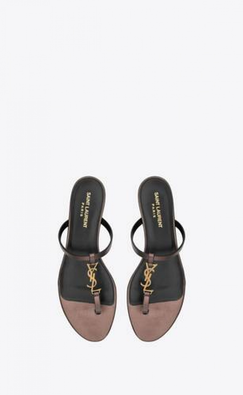 YSL Cassandra Slides In Laminated Metallic Leather Brown | Philippines_YSL68656