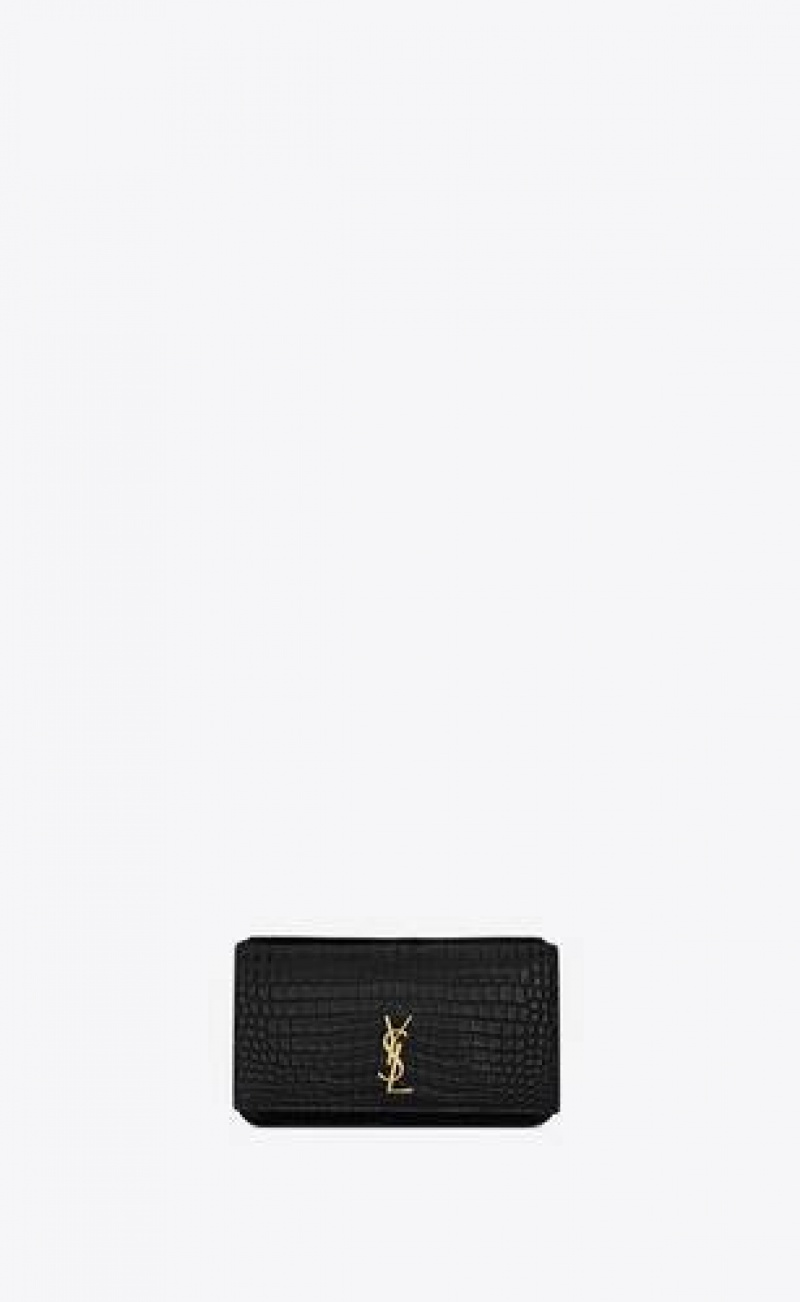 YSL Cassandre Phone Holder With Strap In Shiny Crocodile-embossed Leather Black | Philippines_YSL42022