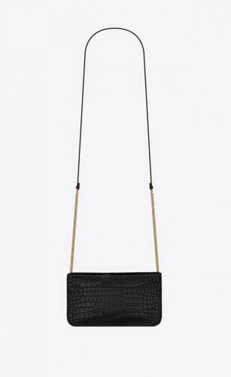 YSL Cassandre Phone Holder With Strap In Shiny Crocodile-embossed Leather Black | Philippines_YSL42022