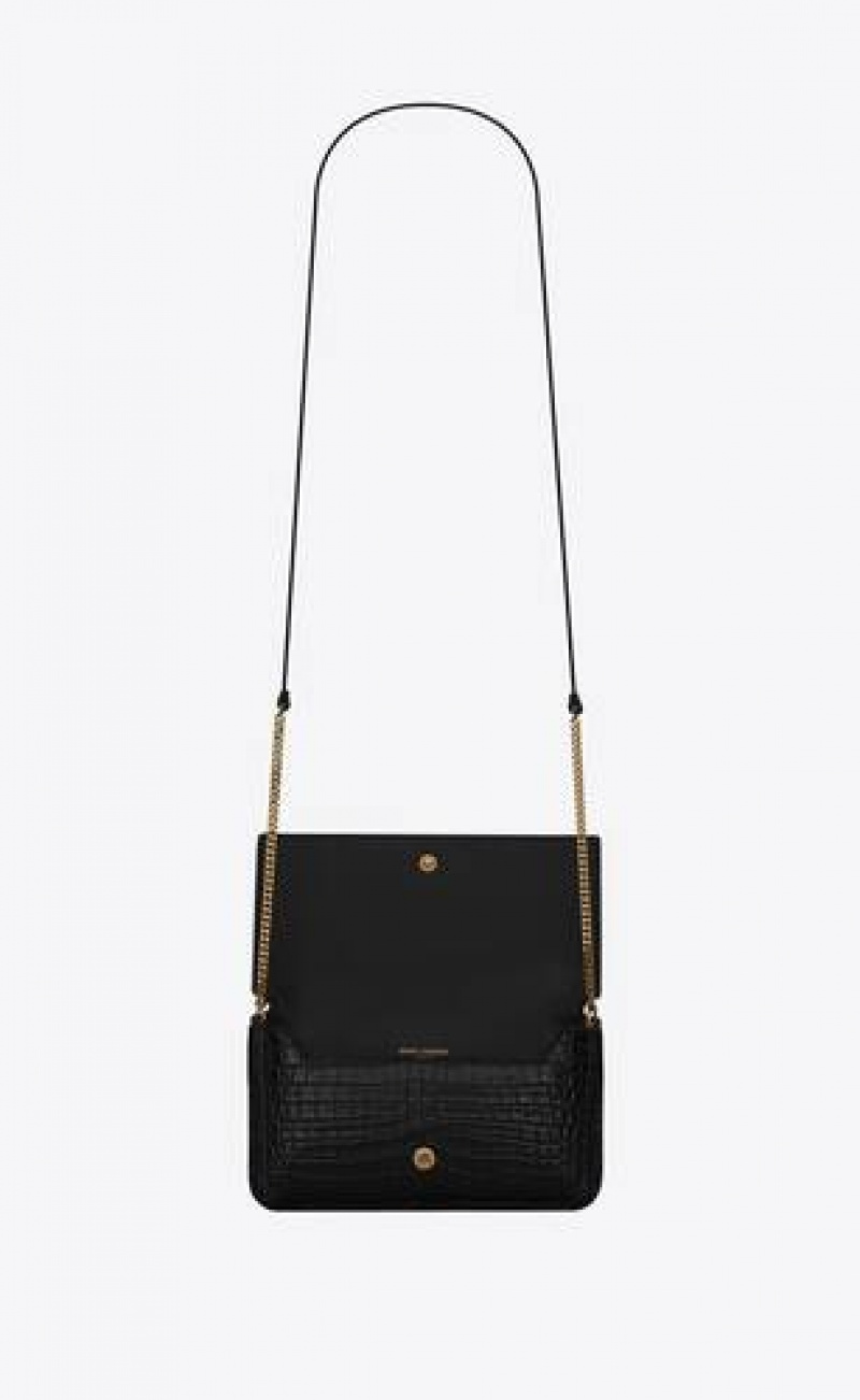 YSL Cassandre Phone Holder With Strap In Shiny Crocodile-embossed Leather Black | Philippines_YSL42022