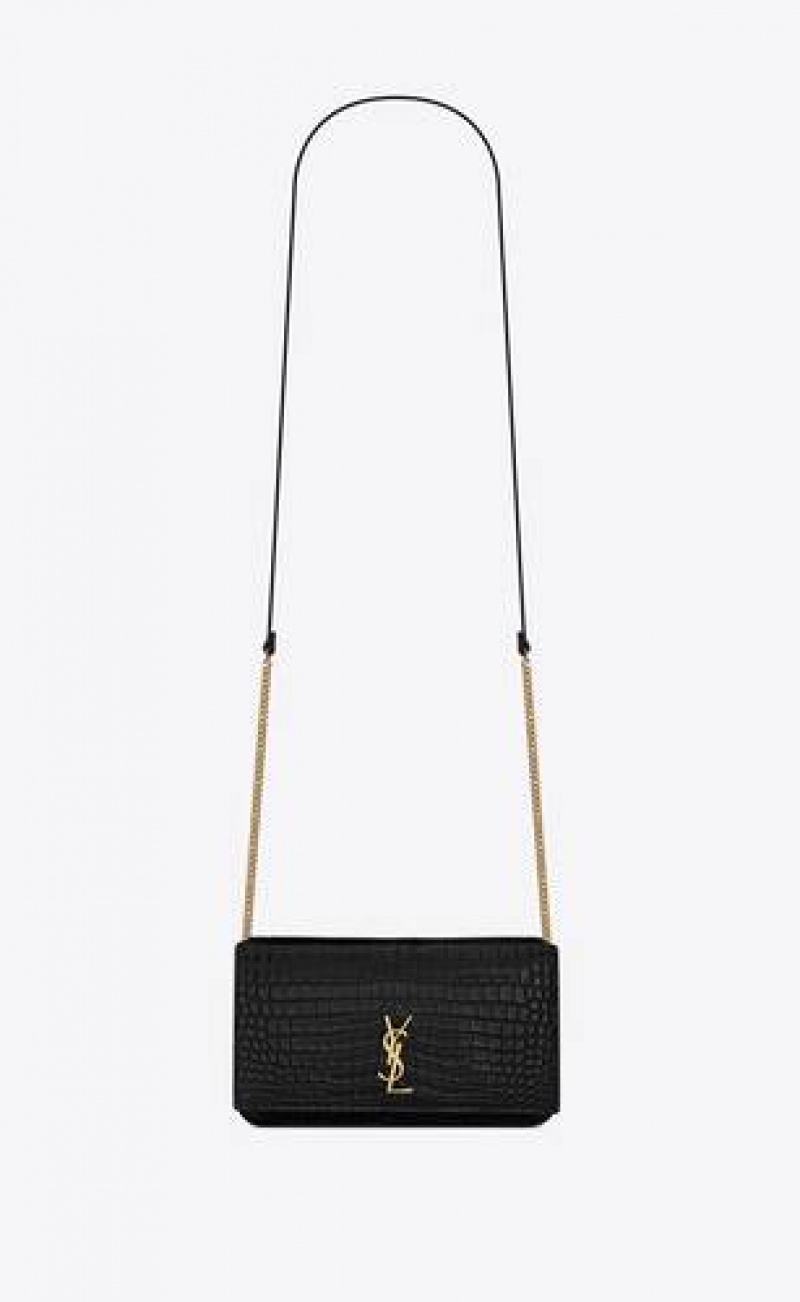 YSL Cassandre Phone Holder With Strap In Shiny Crocodile-embossed Leather Black | Philippines_YSL42022