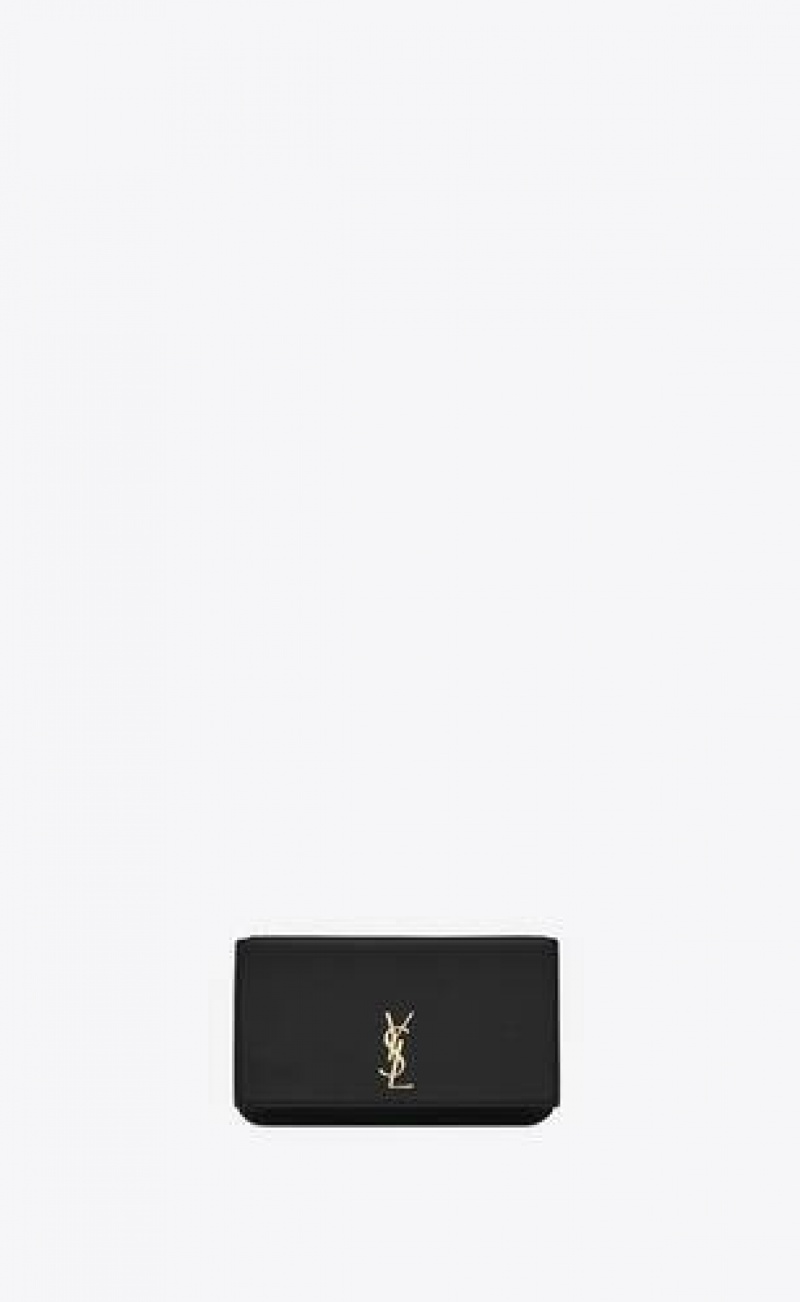 YSL Cassandre Phone Holder With Strap In Smooth Leather Black | Philippines_YSL75384