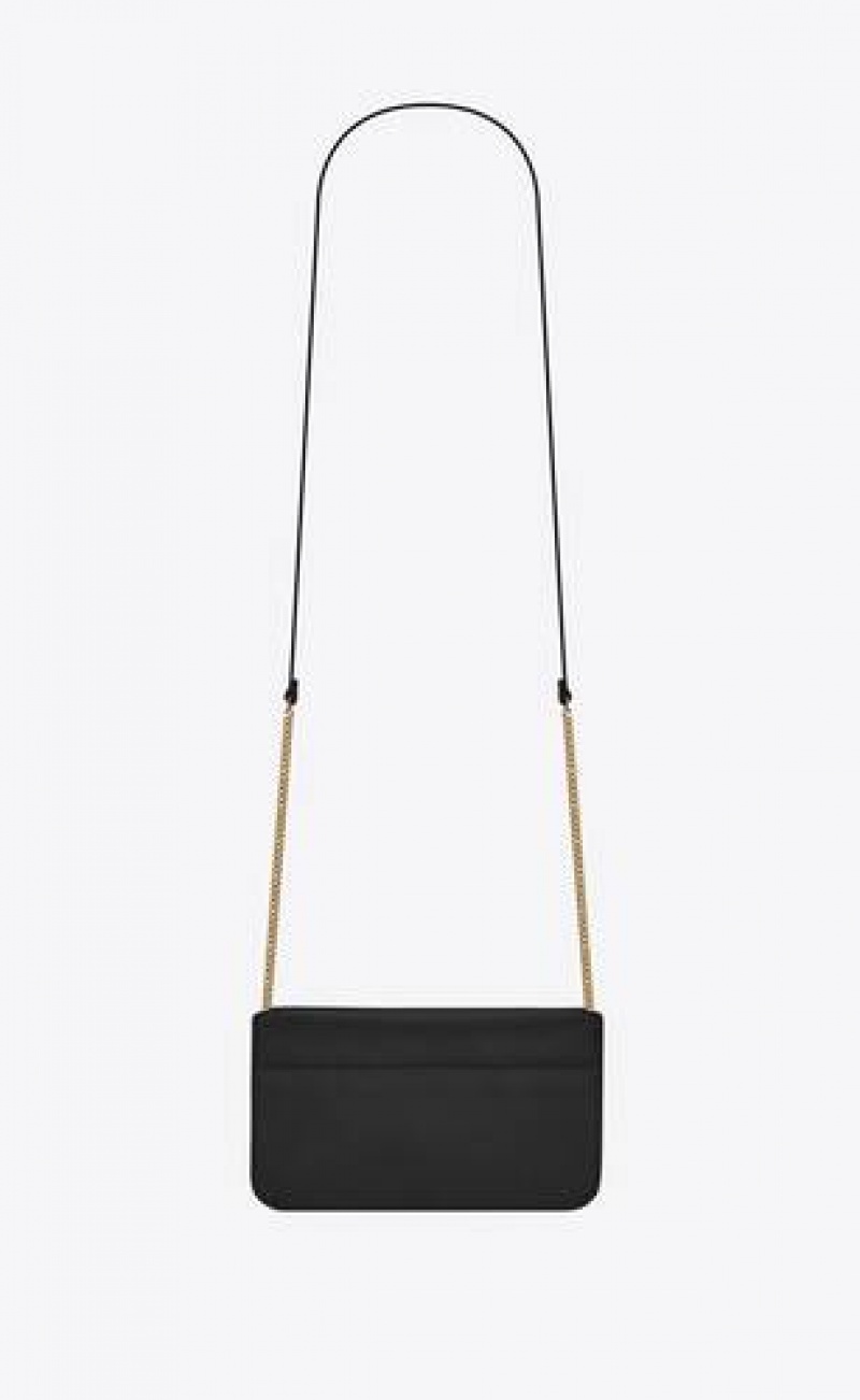 YSL Cassandre Phone Holder With Strap In Smooth Leather Black | Philippines_YSL75384