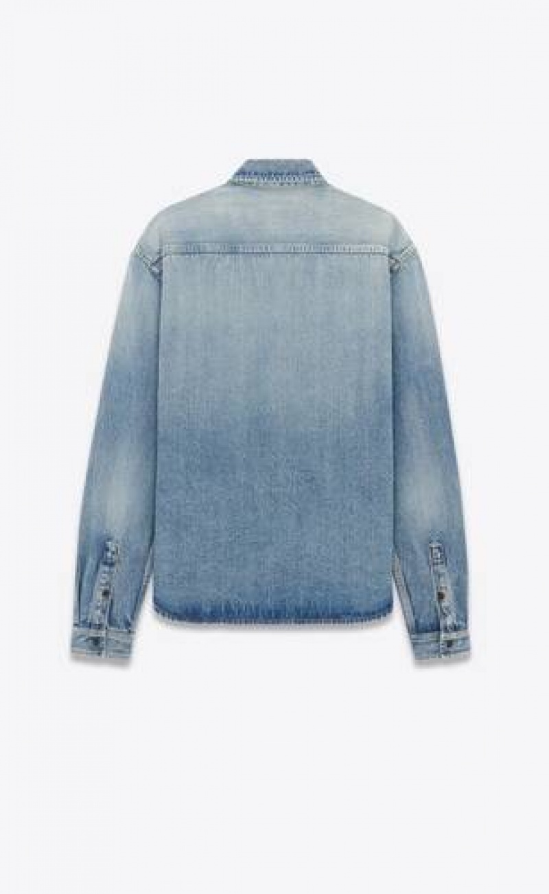 YSL Cassandre Shirt In Beach Blue Denim Blue | Philippines_YSL13107