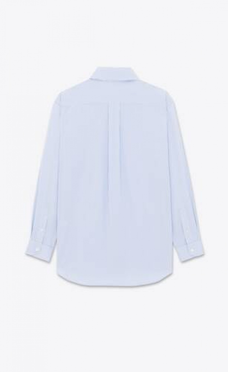 YSL Cassandre Shirt In Striped Cotton Poplin Blue | Philippines_YSL94536