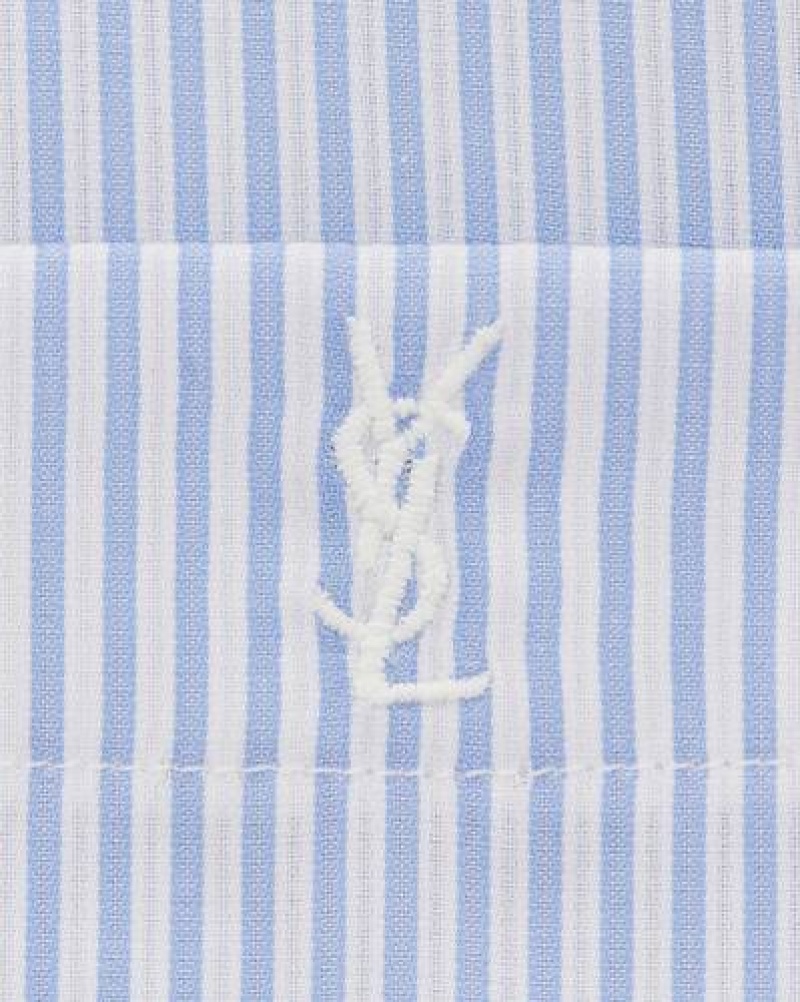 YSL Cassandre Shirt In Striped Cotton Poplin Blue | Philippines_YSL94536