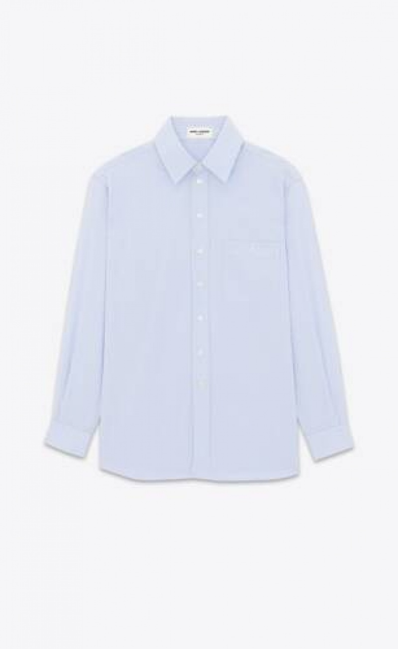 YSL Cassandre Shirt In Striped Cotton Poplin Blue | Philippines_YSL94536