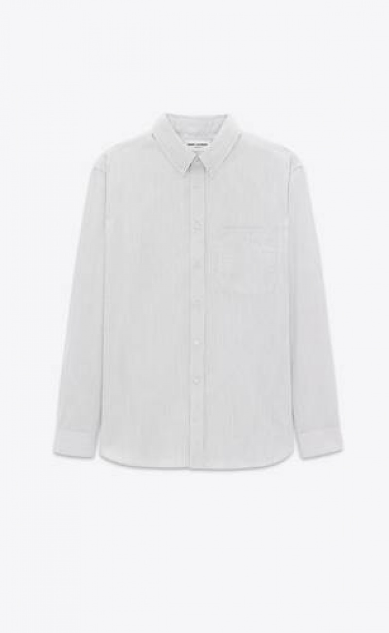 YSL Cassandre Striped Cotton Poplin White | Philippines_YSL35313