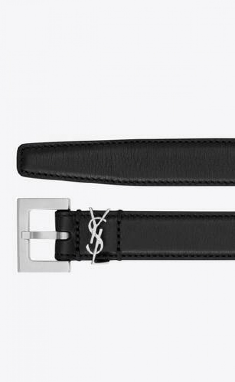 YSL Cassandre Thin Belt With Square Buckle In Smooth Leather Black | Philippines_YSL88319