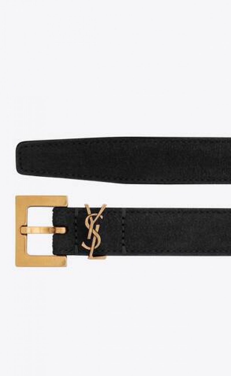 YSL Cassandre Thin Belt With Square Buckle In Suede Black Gold | Philippines_YSL70051