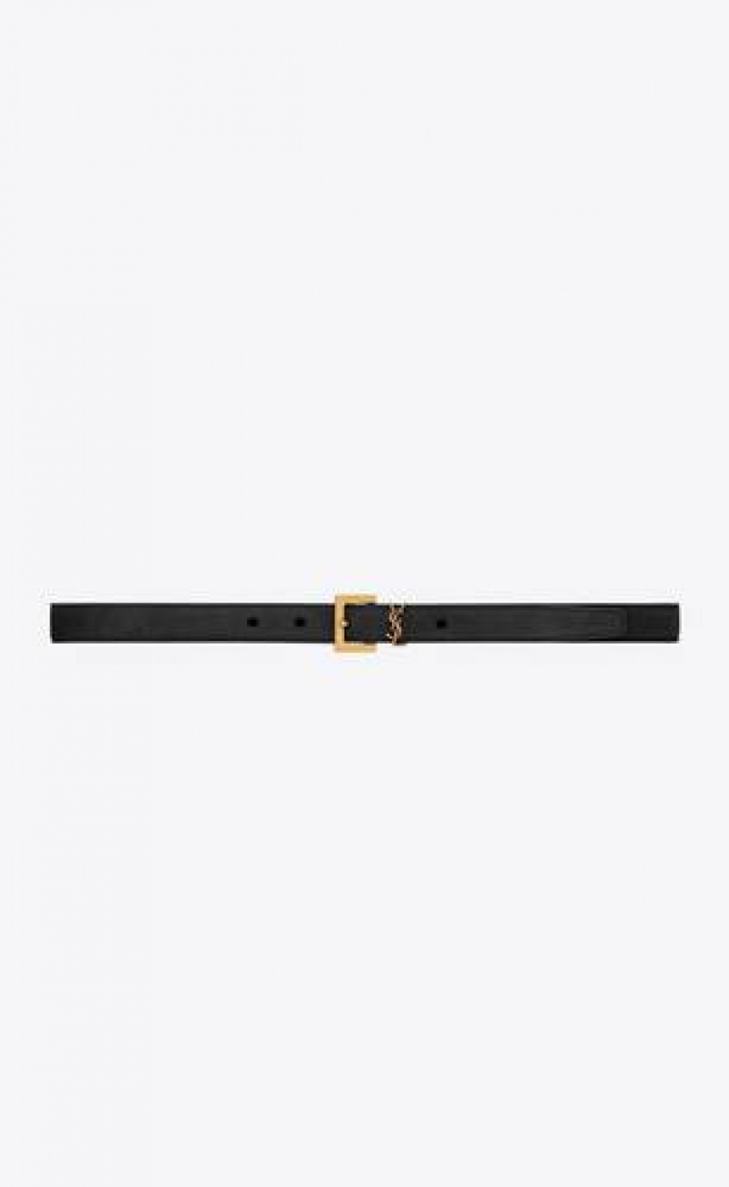 YSL Cassandre Thin Belt With Square Buckle In Suede Black Gold | Philippines_YSL70051