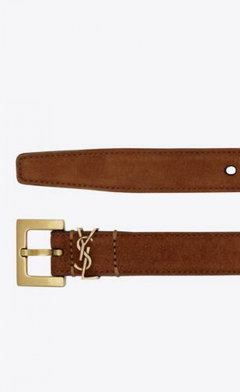 YSL Cassandre Thin Belt With Square Buckle In Suede Dark Red | Philippines_YSL69945